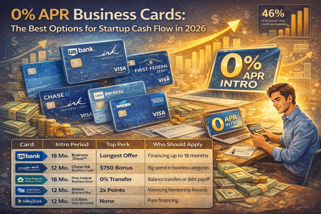 Illustration of 0% APR business credit cards for startups, showing cash flow growth, intro APR periods, and top card options for 2026.
