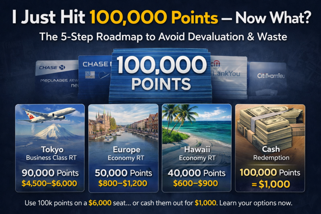 100,000 credit card points roadmap showing travel, hotel, and cashback redemption options