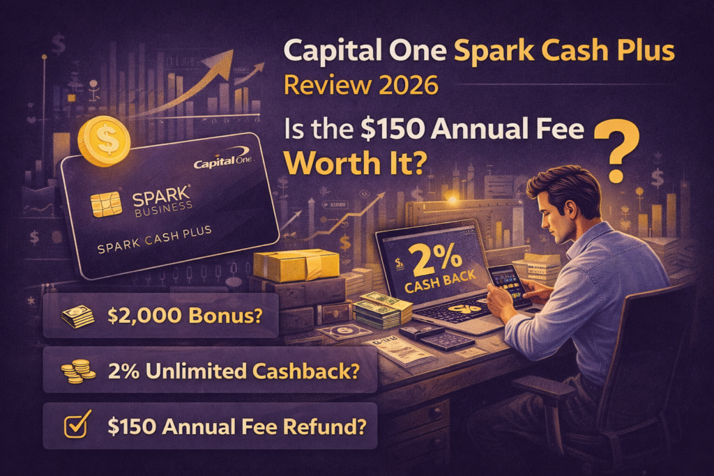 Infographic reviewing the Capital One Spark Cash Plus business card, highlighting the $2,000 bonus, 2% unlimited cashback, and $150 annual fee.
