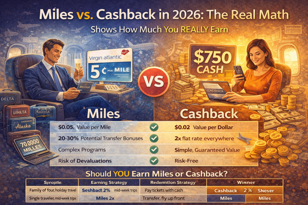 Miles vs cashback comparison infographic showing real reward values and earning strategies for 2026.