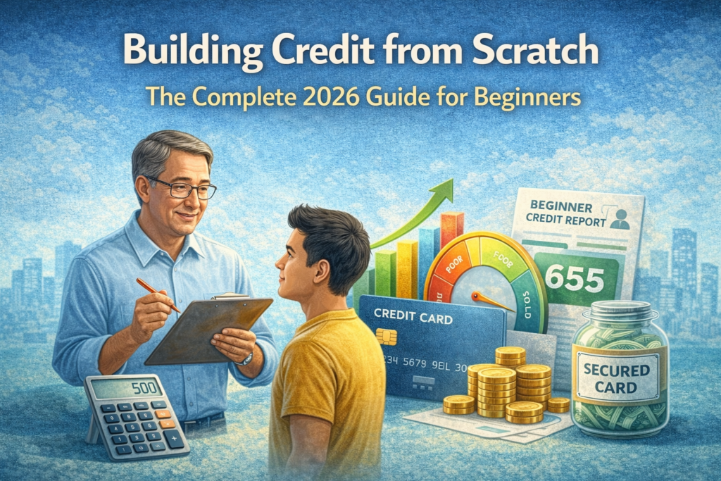 Illustration of a beginner learning how to build credit with a secured card and rising credit score