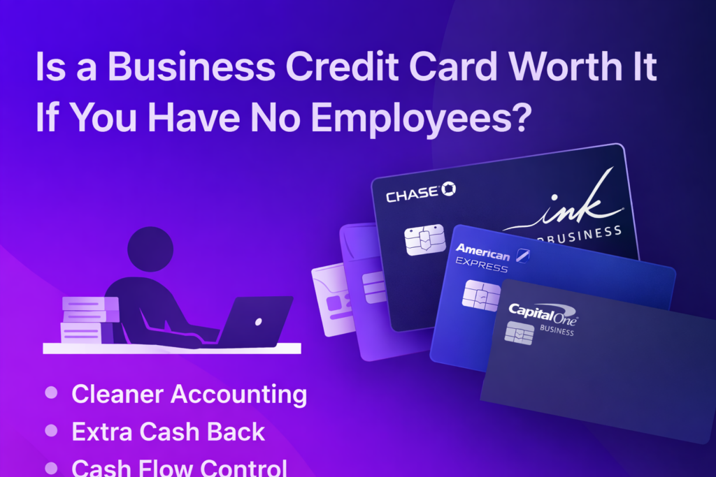 Business credit cards for solo entrepreneurs with purple gradient background and headline about whether a business card is worth it with no employees.