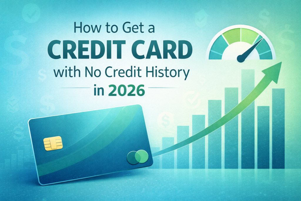 How to get a credit card with no credit history in 2026 illustration showing a credit card and rising credit score graph on a blue and green background.