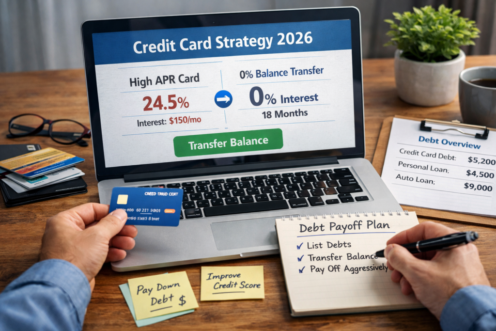 Person analyzing credit card debt and choosing balance transfer strategy on laptop