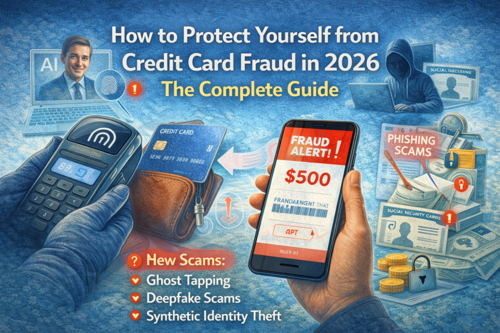 Illustration showing credit card fraud alert, hacker, and security icons representing protection against credit card scams