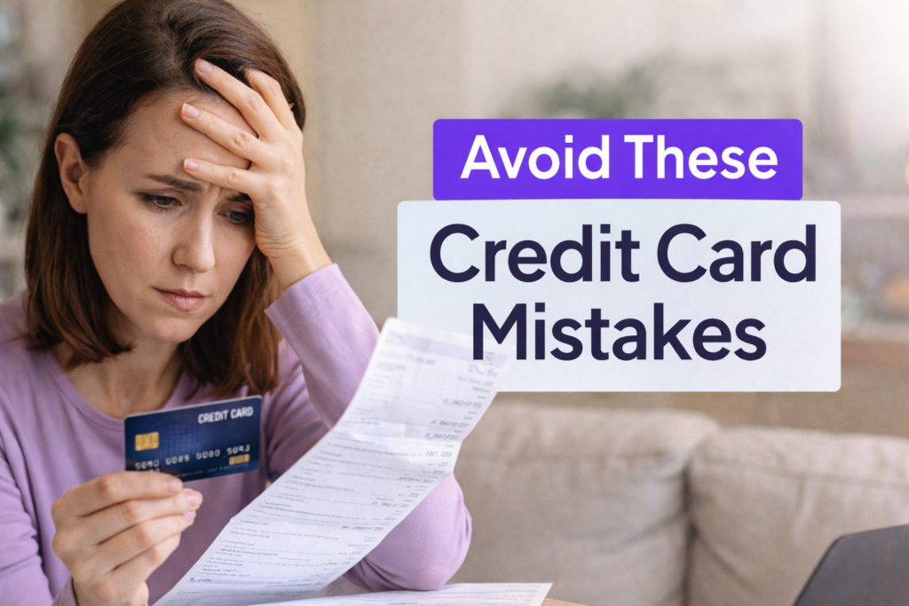 woman worried about credit card bill showing common credit card mistakes that cost money and high interest APR example