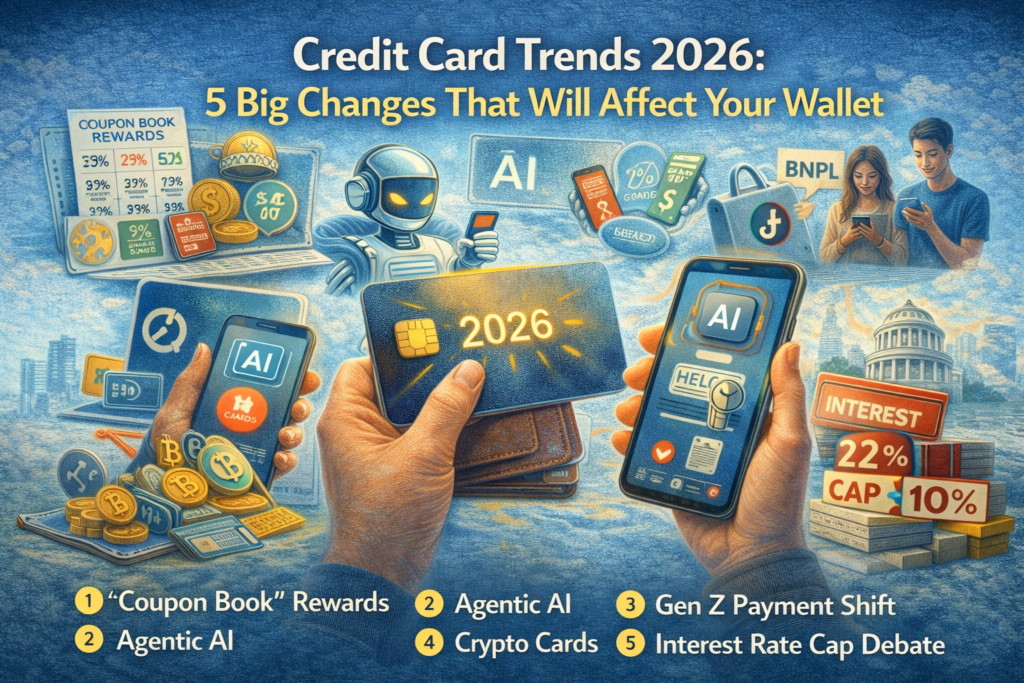 Illustration showing credit card trends for 2026 including AI payments, crypto, BNPL, and interest rate changes