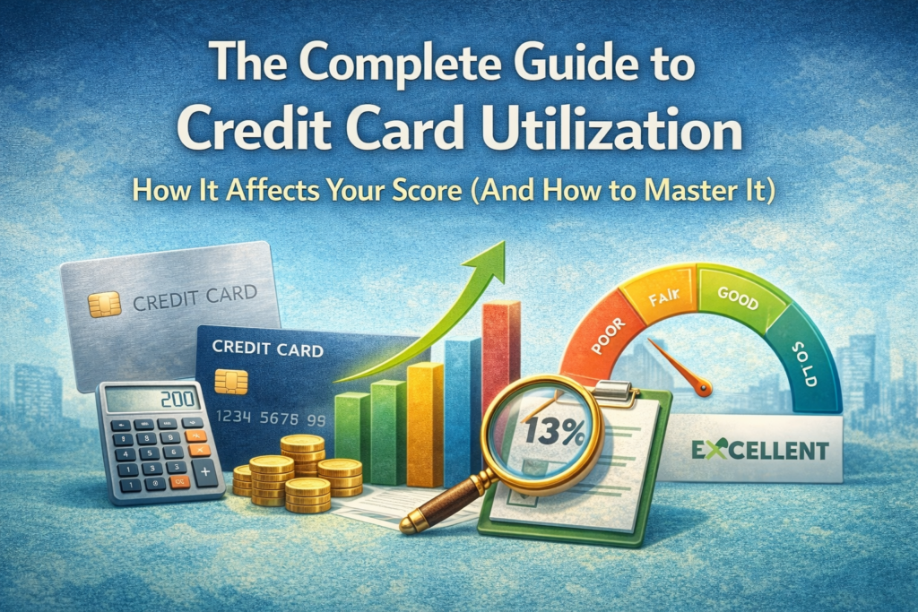Illustration showing credit cards, charts, and calculator explaining credit card utilization and credit score impact