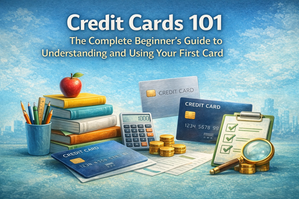 Illustration of credit cards, books, and calculator representing a beginner’s guide to credit cards