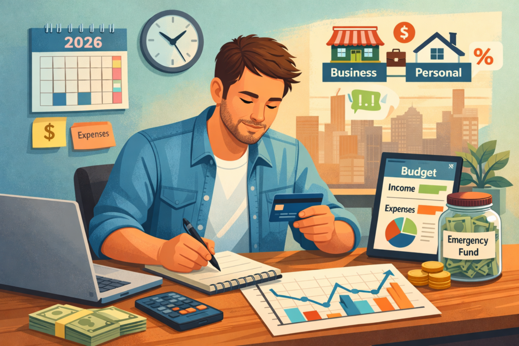 Freelancer managing credit card and budgeting irregular income in 2026