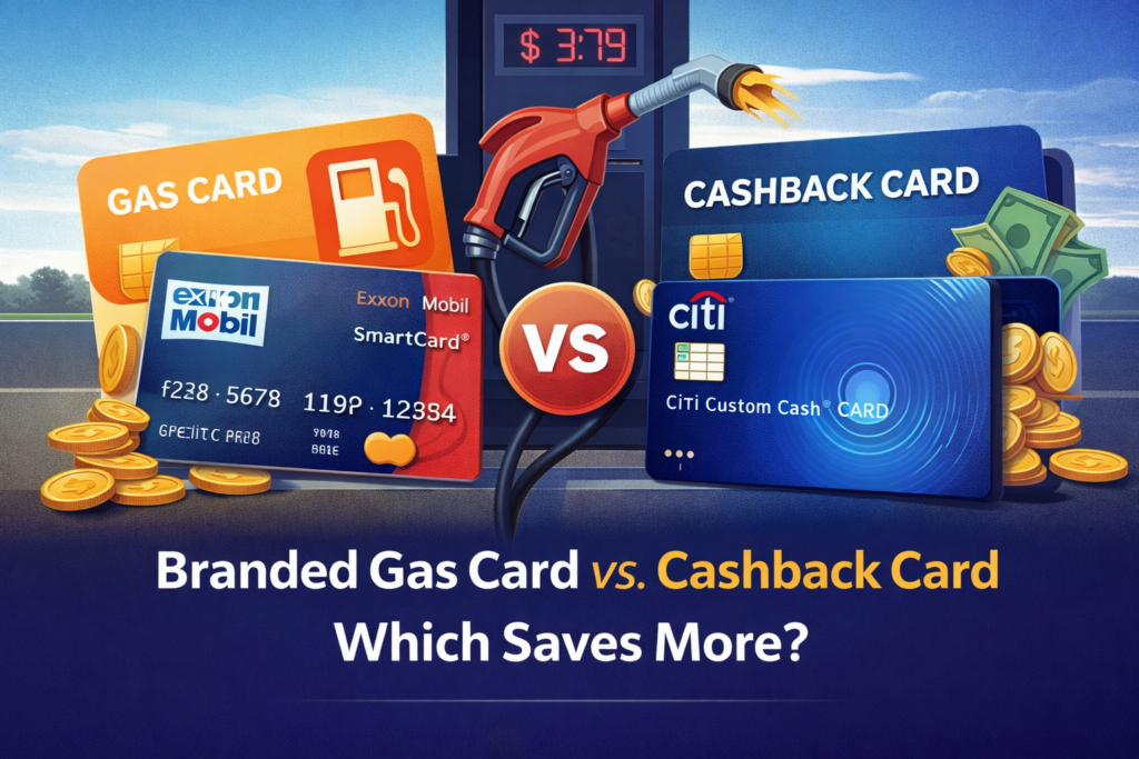 Illustration showing a side-by-side comparison between a branded gas station credit card and a generic cashback credit card, with a fuel pump in the center and coins around the cards, representing savings at the pump. Designed to highlight the difference between brand-specific fuel rewards and flexible cashback strategies.