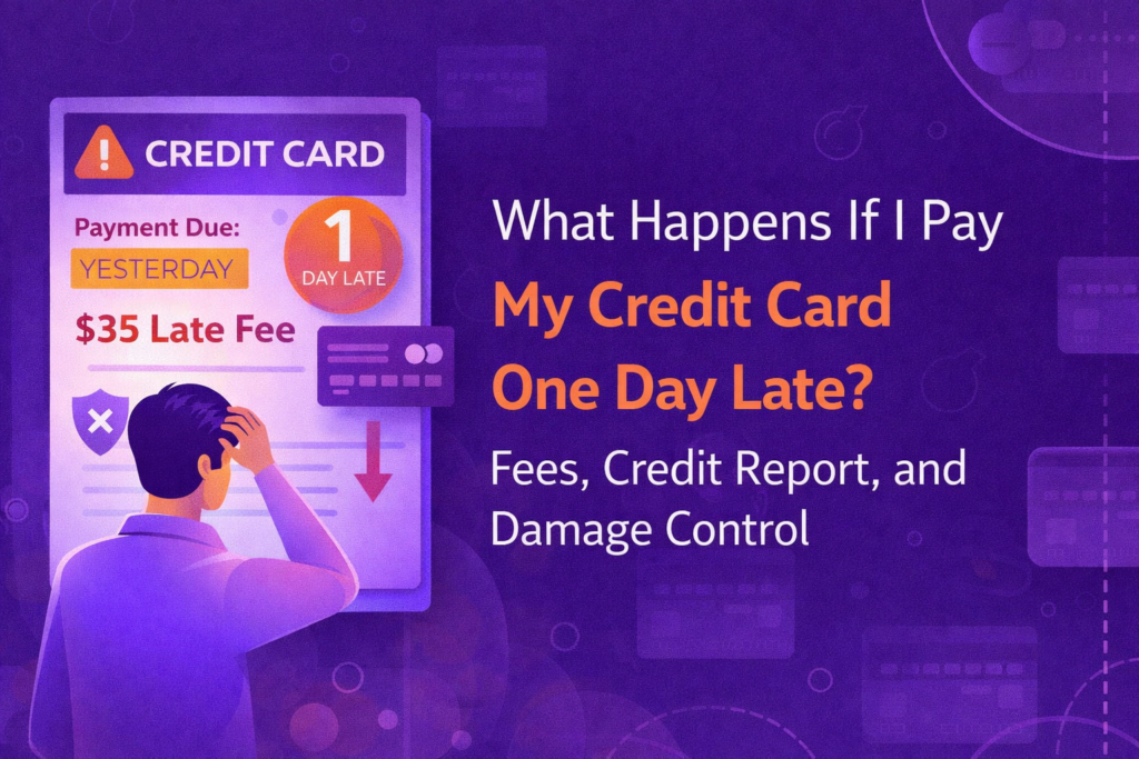 Credit card statement showing payment one day late and late fee warning