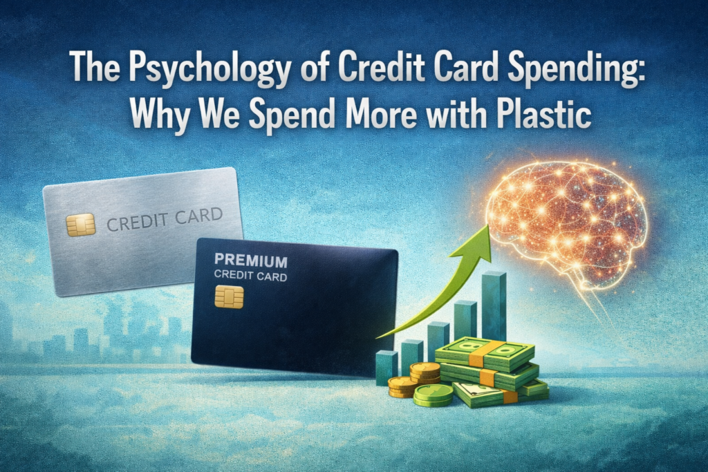 Illustration showing credit cards and a brain symbolizing the psychology of spending with plastic