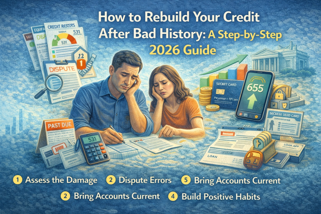 Illustration showing a couple reviewing bills and credit reports while rebuilding credit after bad history